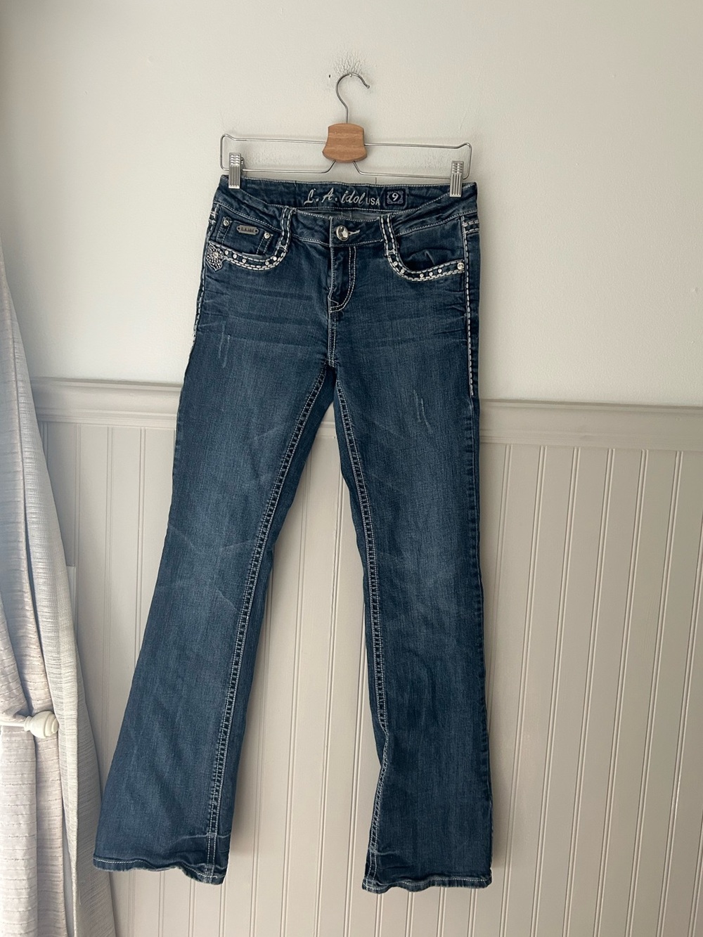 Y2K L.A. Idol Dark Blue Embellished Bootcut Jeans Size 9 Rhinestone Low Rise